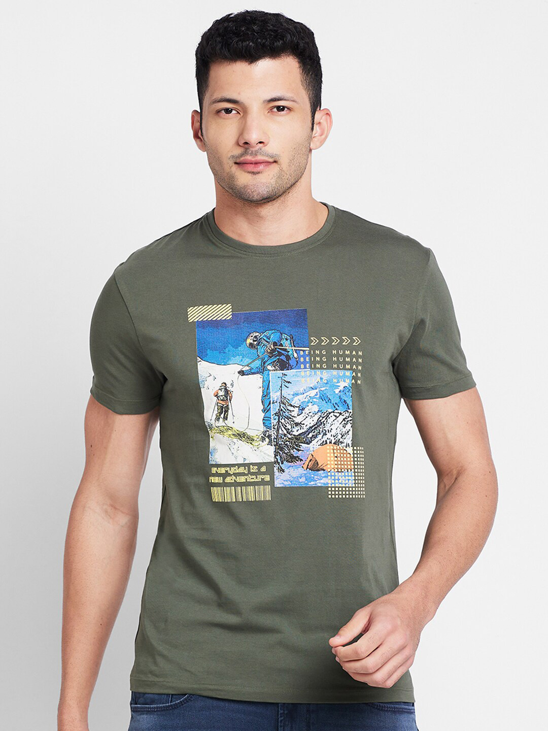 

Being Human Graphic Printed Round Neck Cotton T-shirt, Green