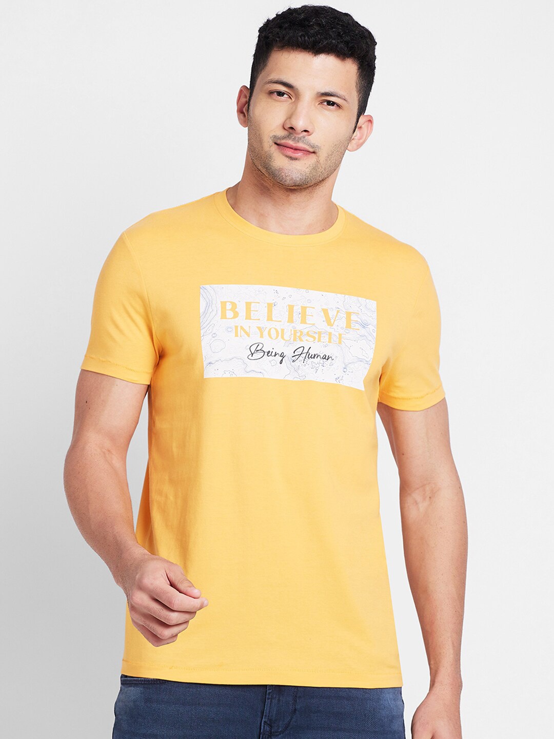 

Being Human Typography Printed Cotton T-shirt, Yellow