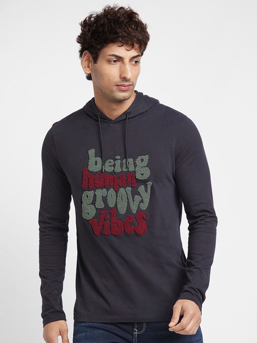 

Being Human Typography Printed Hooded T-shirt, Black