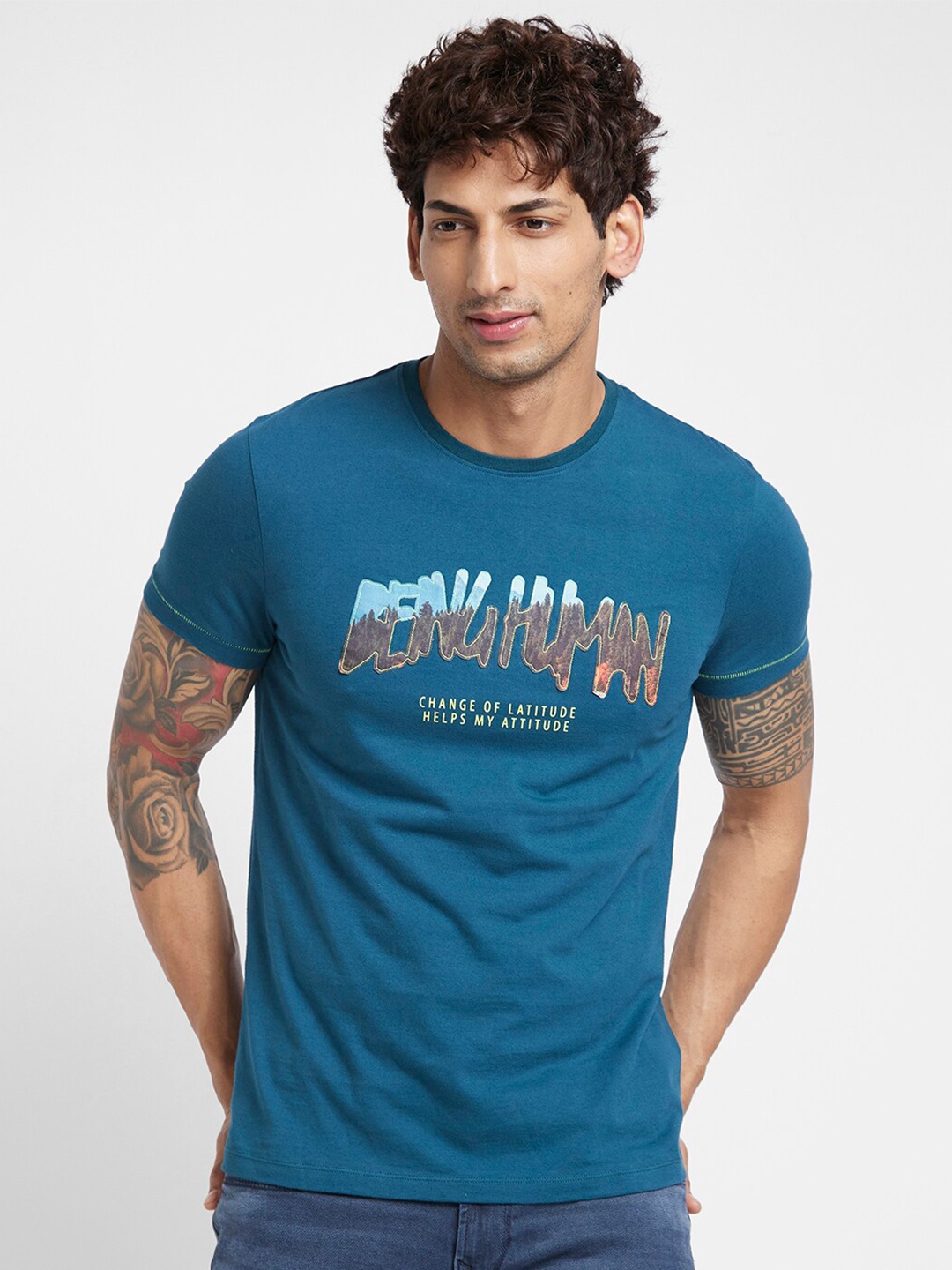 

Being Human Typography Printed Applique Cotton T-shirt, Teal