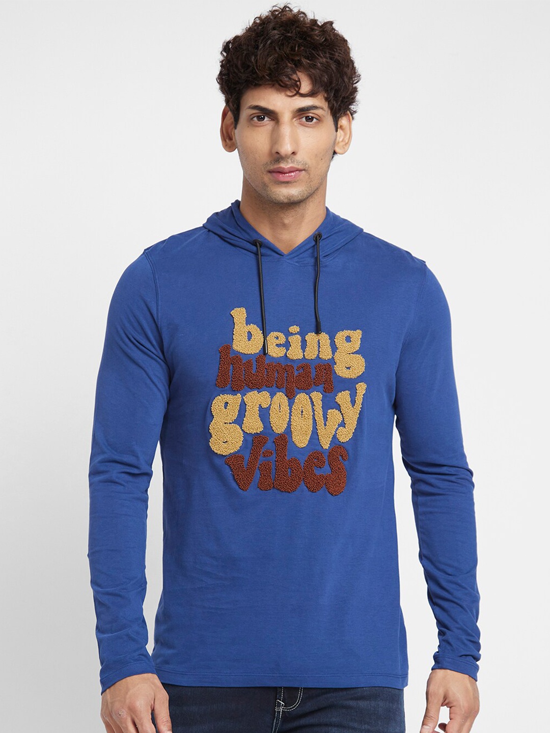 

Being Human Typography Printed Hooded Casual T-shirt, Navy blue
