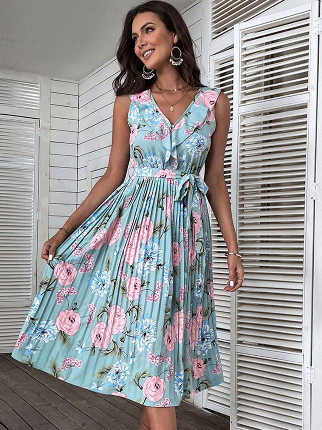 

StyleCast Blue & Pink Floral Printed V-Neck Sleeveless A-Line Dress