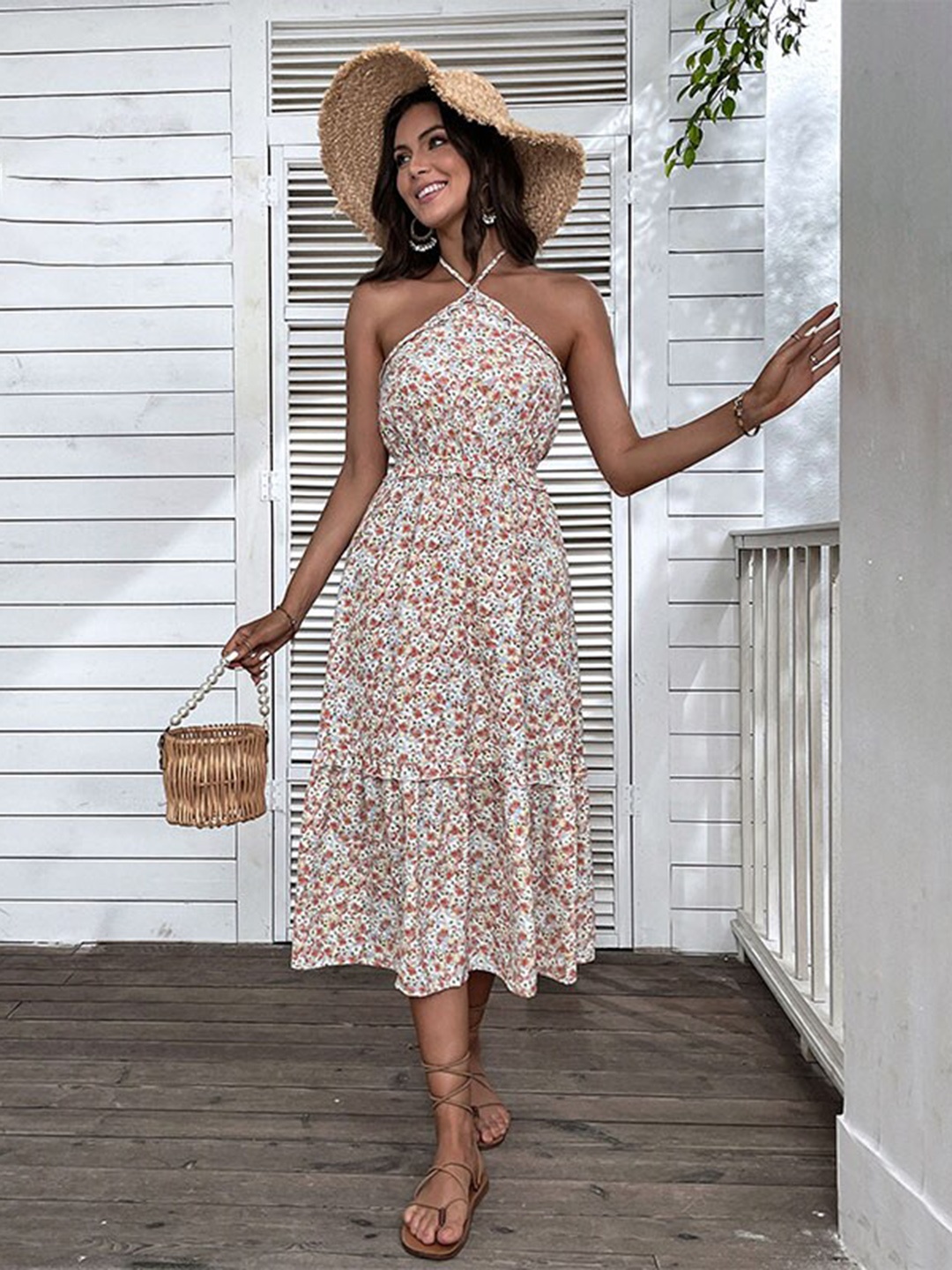 

StyleCast Orange Floral Printed Halter Neck Ruffles A-Line Midi Dress