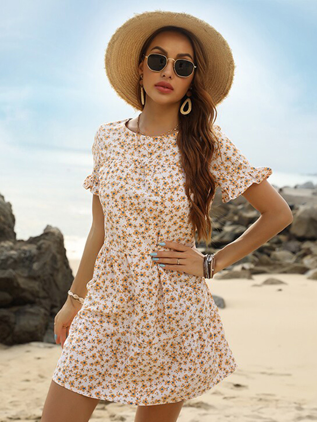 

StyleCast Yellow Floral Printed Puff Sleeves A-line Above Knee Dress