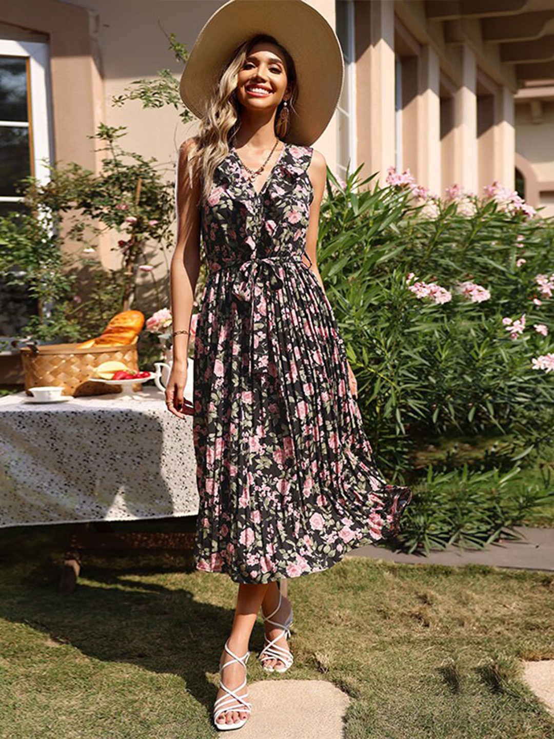 

StyleCast Black Floral printed V-Neck Ruffles Fit & Flare Midi Dress