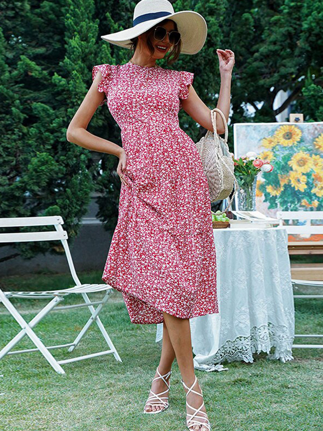 

StyleCast Red Floral Printed High Neck Flutter Sleeves Tiered Fit and Flare Midi Dress