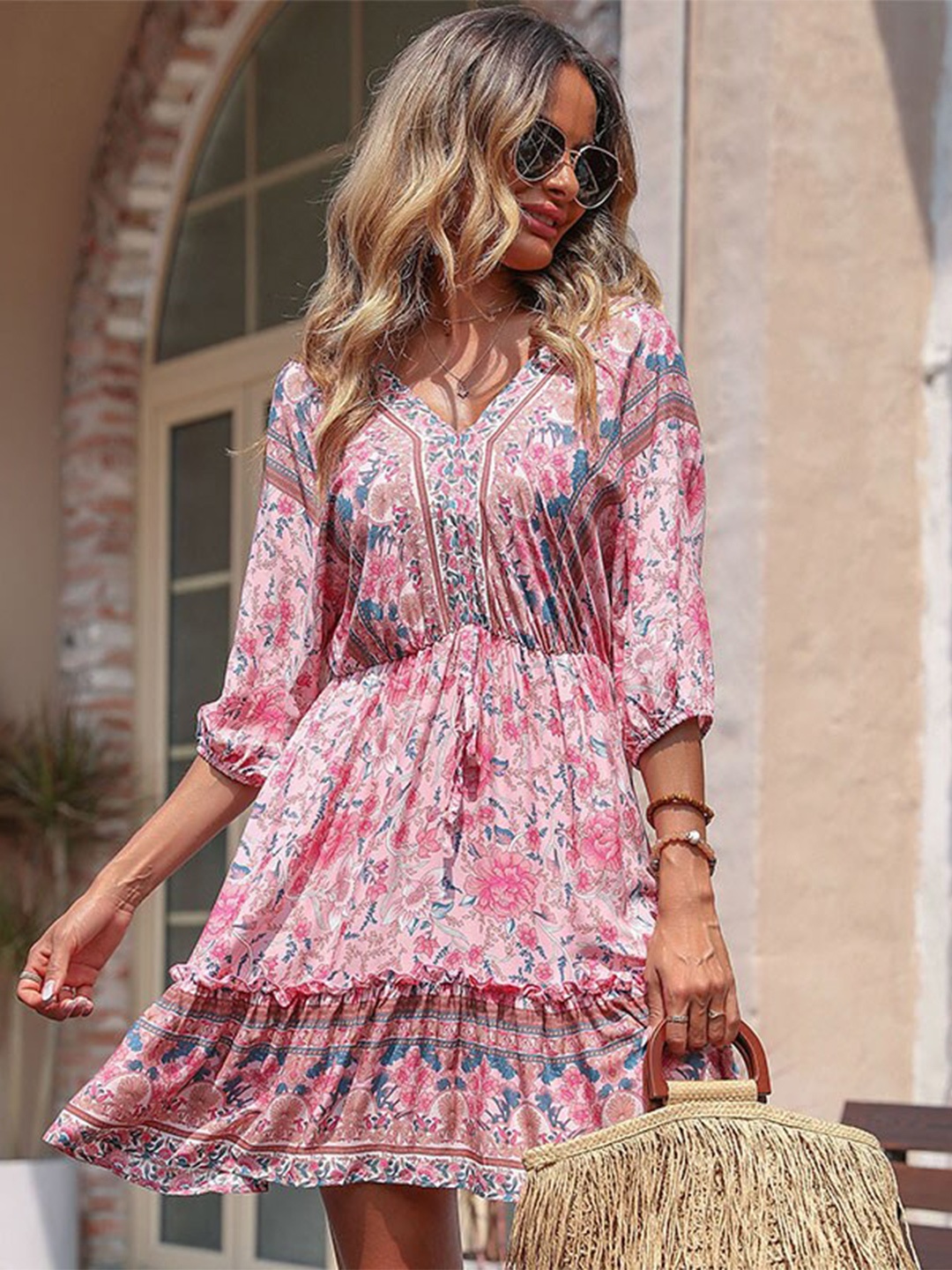

StyleCast Pink Floral Printed V-Neck A-Line Dress