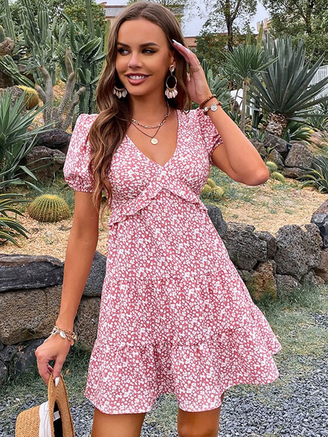 

StyleCast Pink Floral Printed Puff Sleeves Tiered Fit and Flare Mini Dress