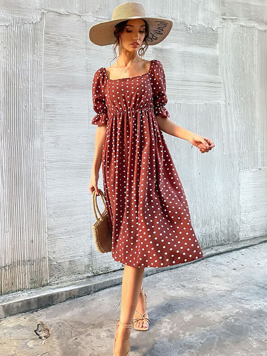 

StyleCast Coffee Brown Polka Dots Printed Square Neck Puff Sleeves A-Line Dress