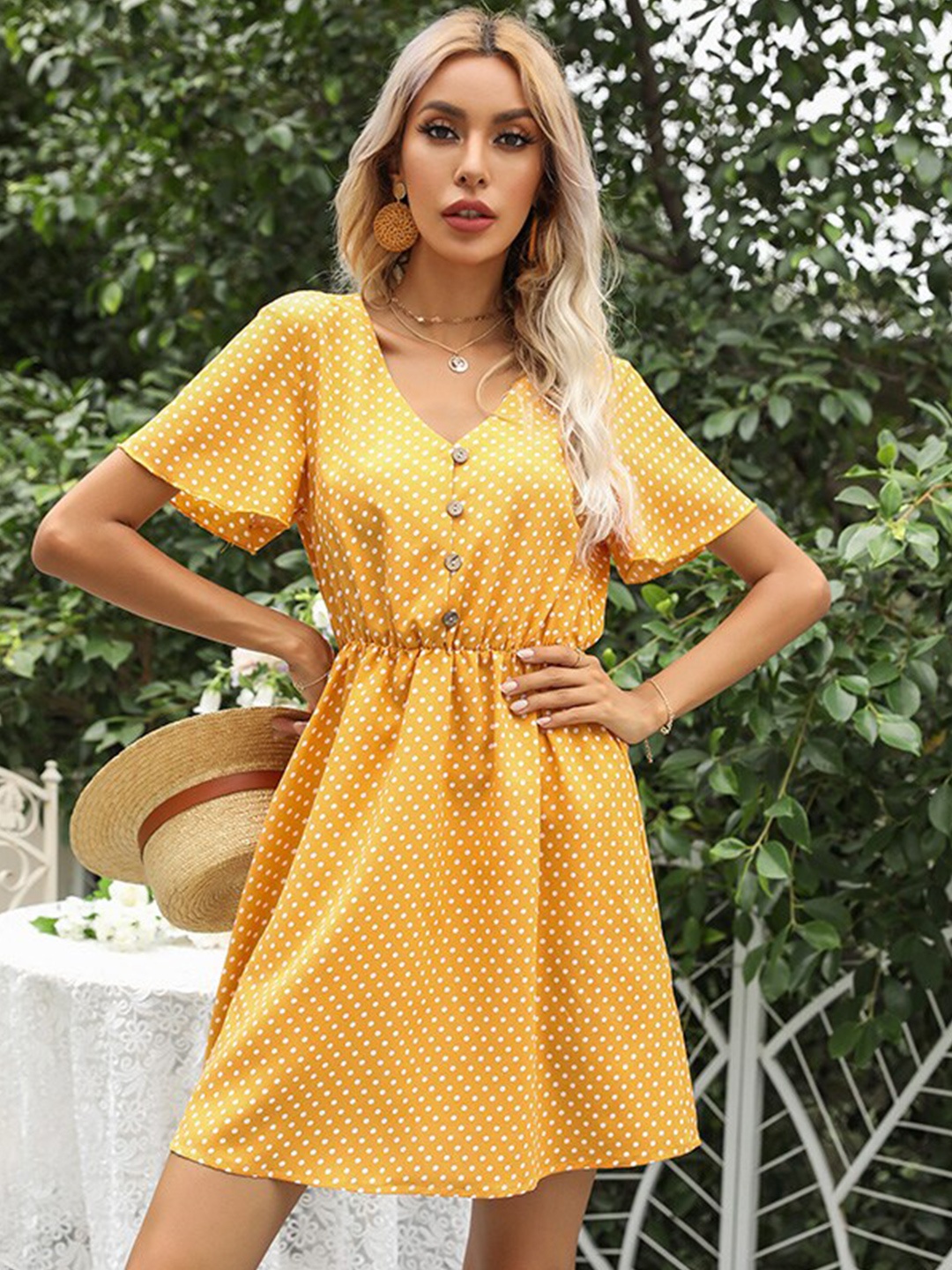 

StyleCast Yellow Polka Dots Printed V-Neck Fit and Flare Mini Dress
