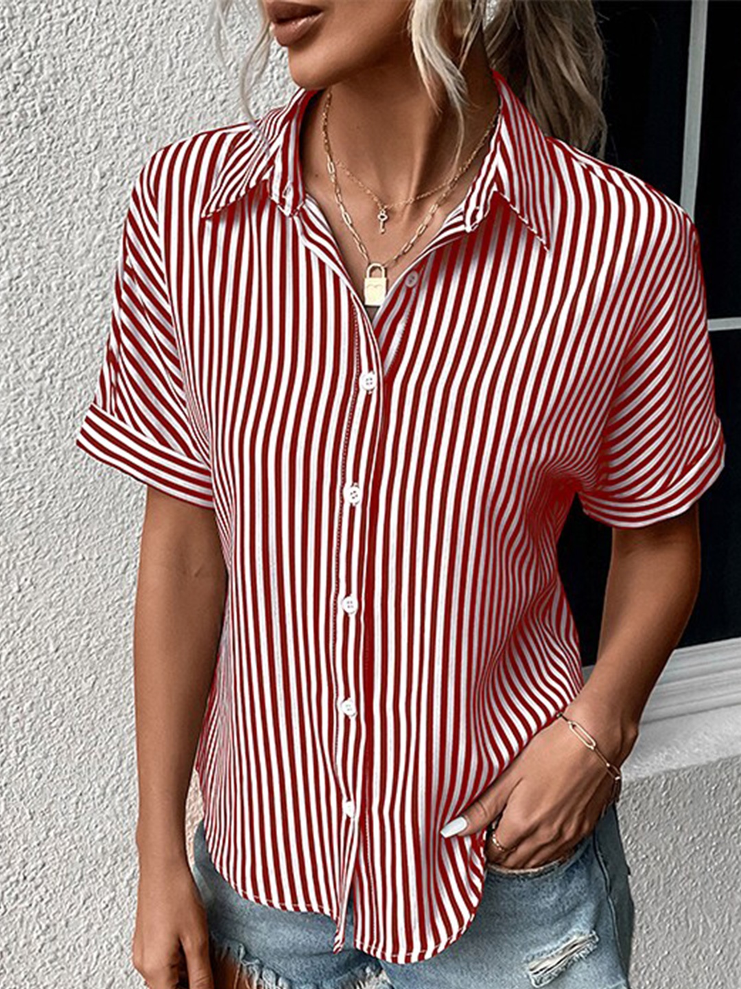 

StyleCast Red Striped Spread Collar Regular Fit Shirt