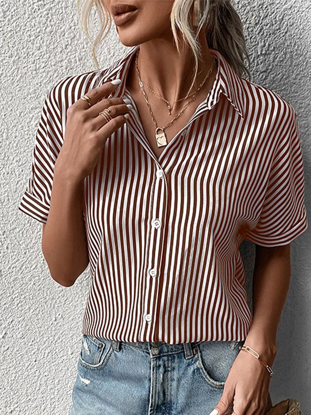 

StyleCast Coffee Brown Striped Spread Collar Regular Fit Shirt
