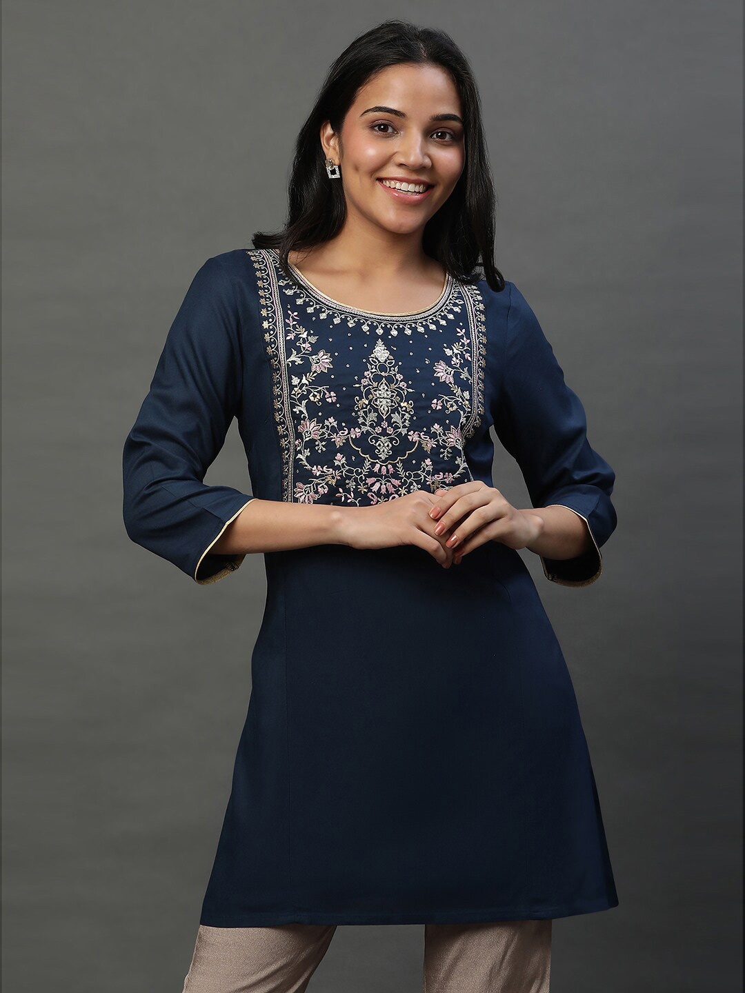 

AURELIA Ethnic Motifs Embroidered Thread Work A-Line Kurti, Blue