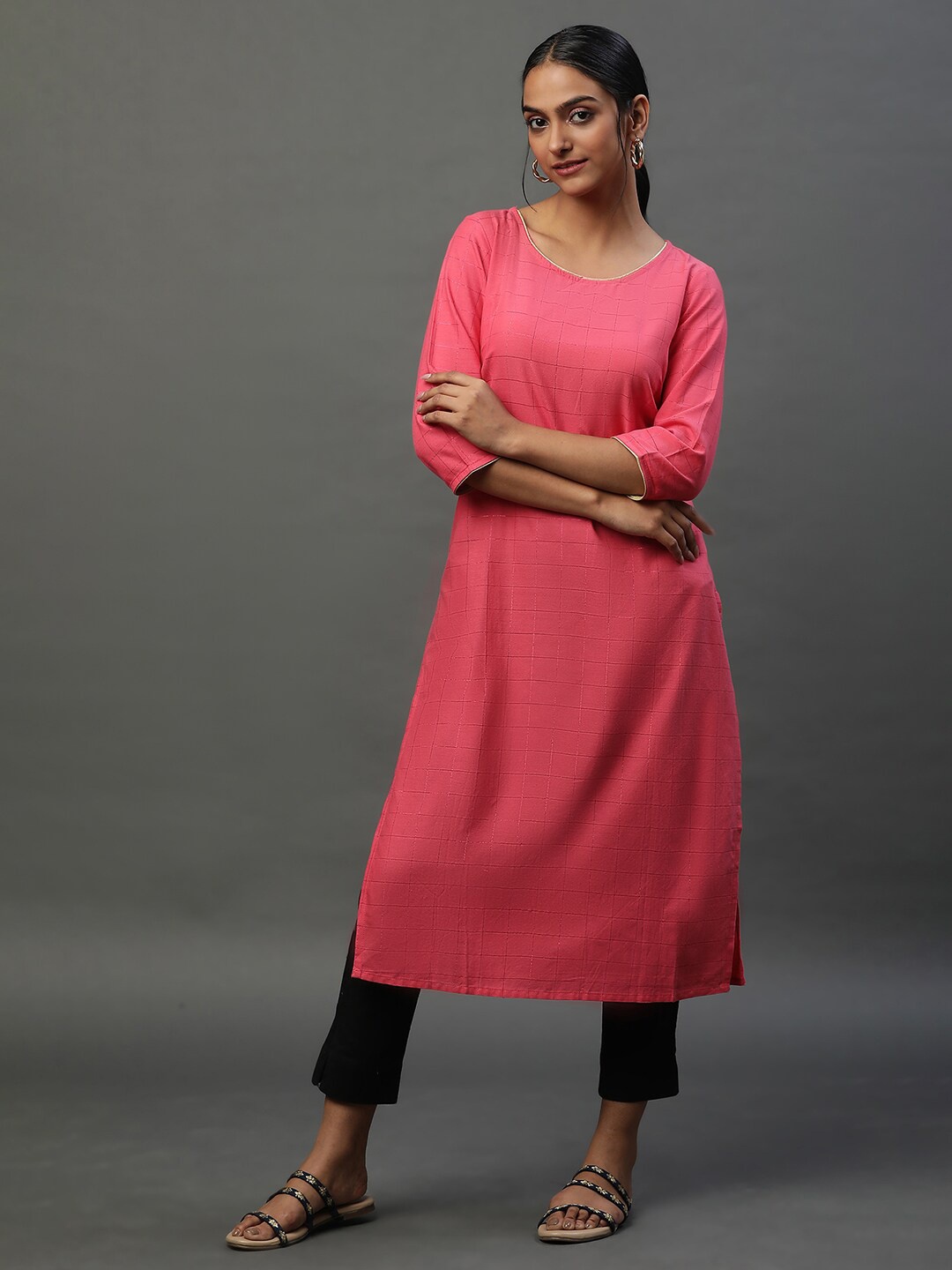 

AURELIA Checked Straight Cotton Kurta, Pink