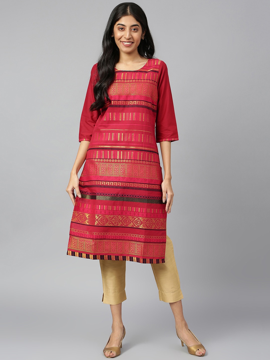 

AURELIA Ethnic Motifs Woven Design Straight Kurta, Pink