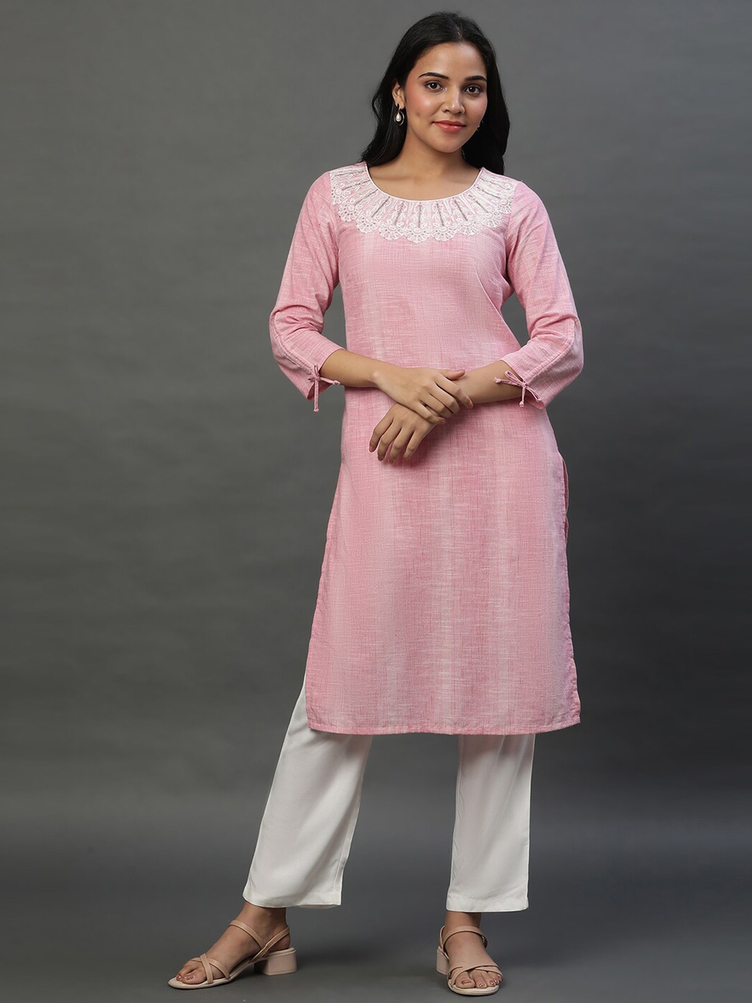 

AURELIA Yoke Design Sequinned Straight Pure Cotton Kurta, Pink