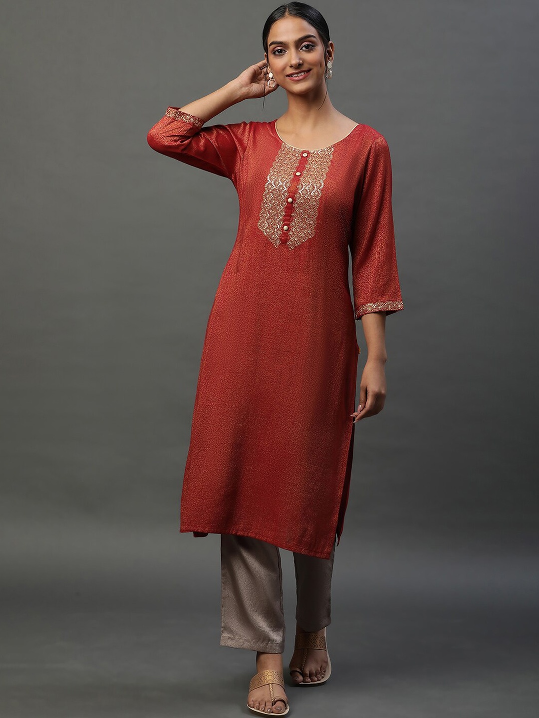 

AURELIA Sequinned Yoke Design Straight Kurta, Red