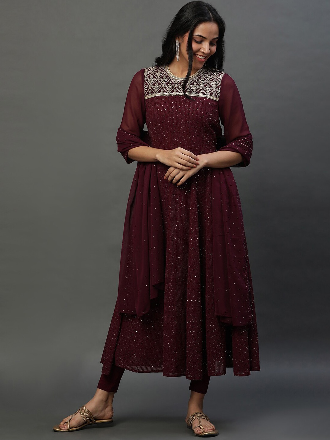 

AURELIA Ethnic Motifs Embroidered Sequinned A Line Kurta, Burgundy