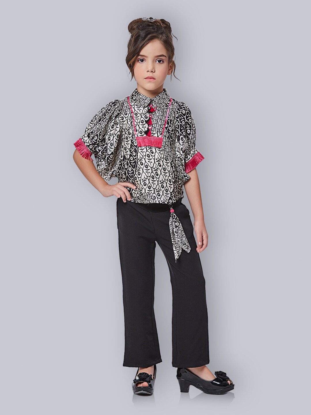 

Peppermint Girls Printed Peter Pan Collar Top & Trousers, Black