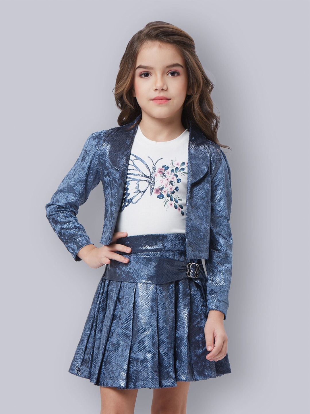 

Peppermint Girls Printed Tshirt & Skirt With Jacket, White