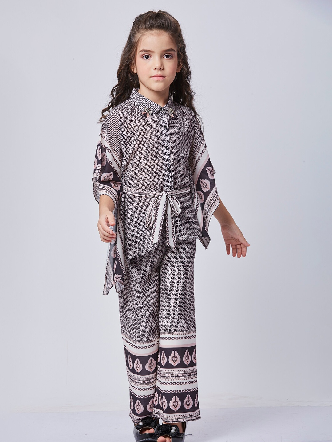 

Peppermint Girls Printed Kaftan Top With Trousers, Black