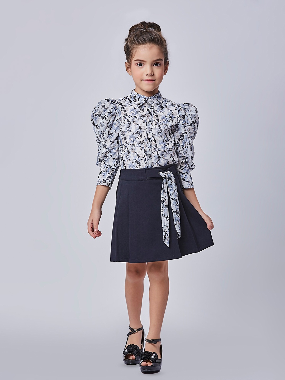 

Peppermint Girls Abstract Printed Puff Sleeve Top with Skirt, White