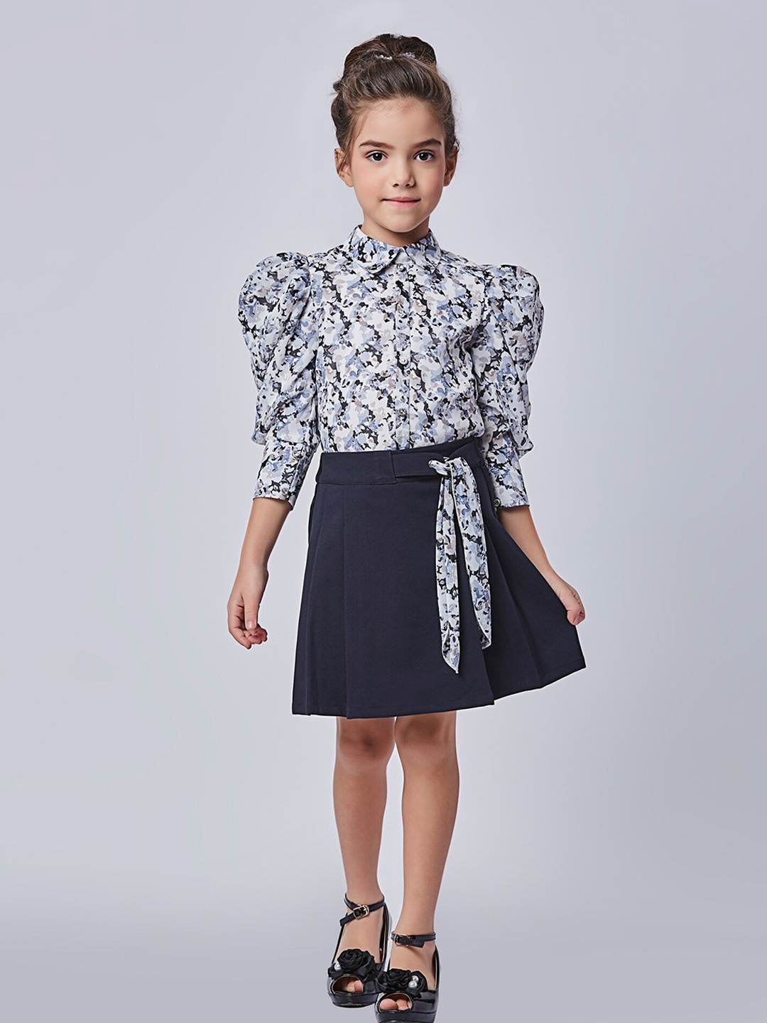 

Peppermint Girls Abstract Printed Shirt Collar Top with Skirt, Navy blue