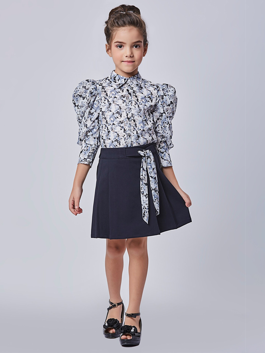 

Peppermint Girls Abstract Printed Shirt Collar Top with Skirt, Navy blue