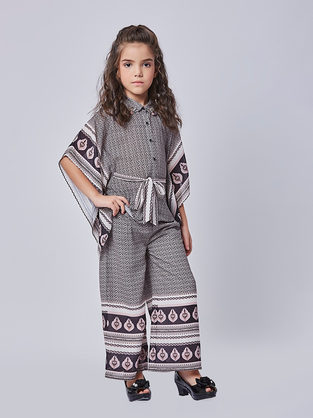 

Peppermint Girls Geometric Printed Shirt Collar Top with Palazzos, Black