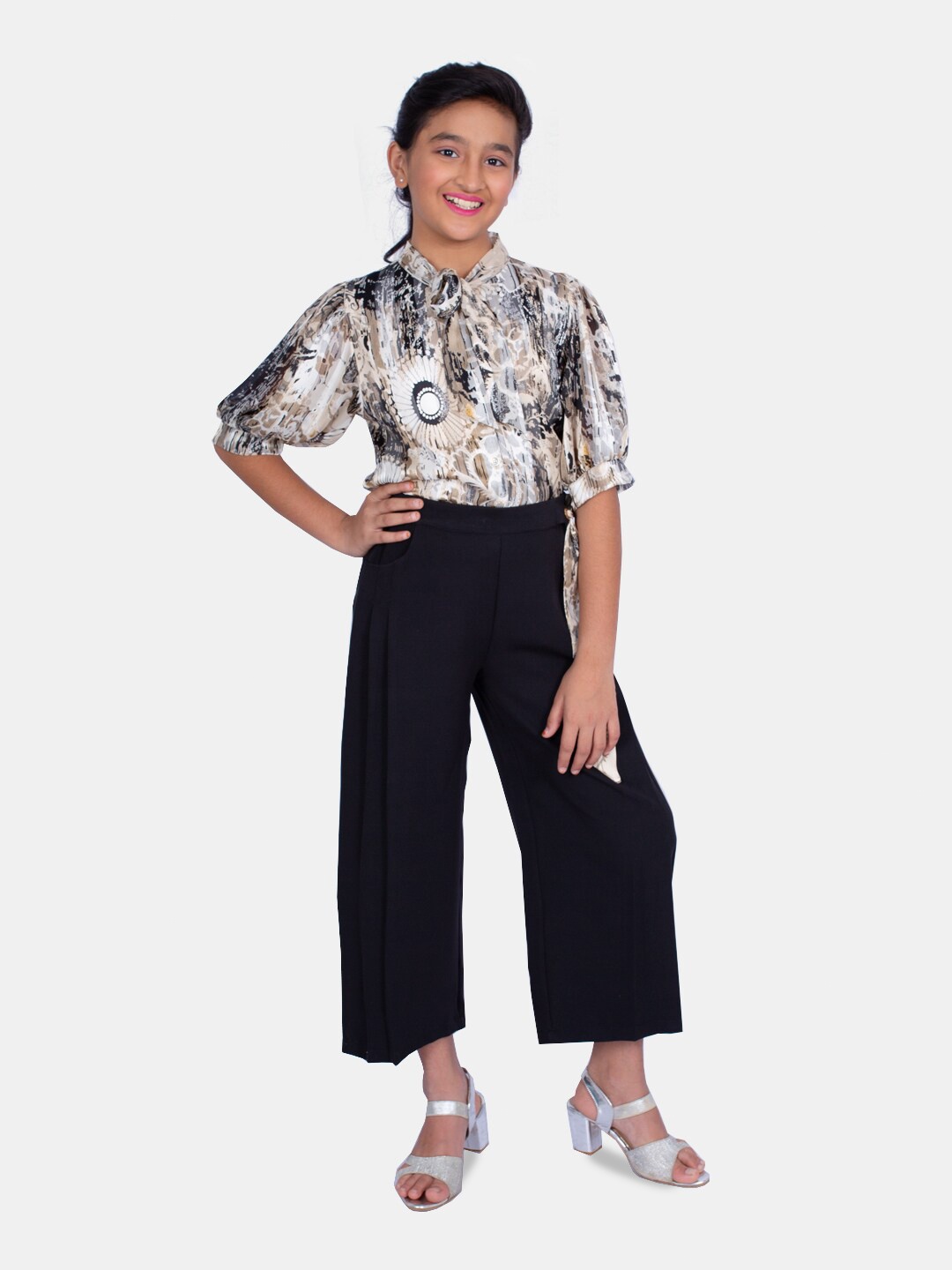 

Peppermint Girls Printed Tie-Up Neck Top & Palazzos, Black
