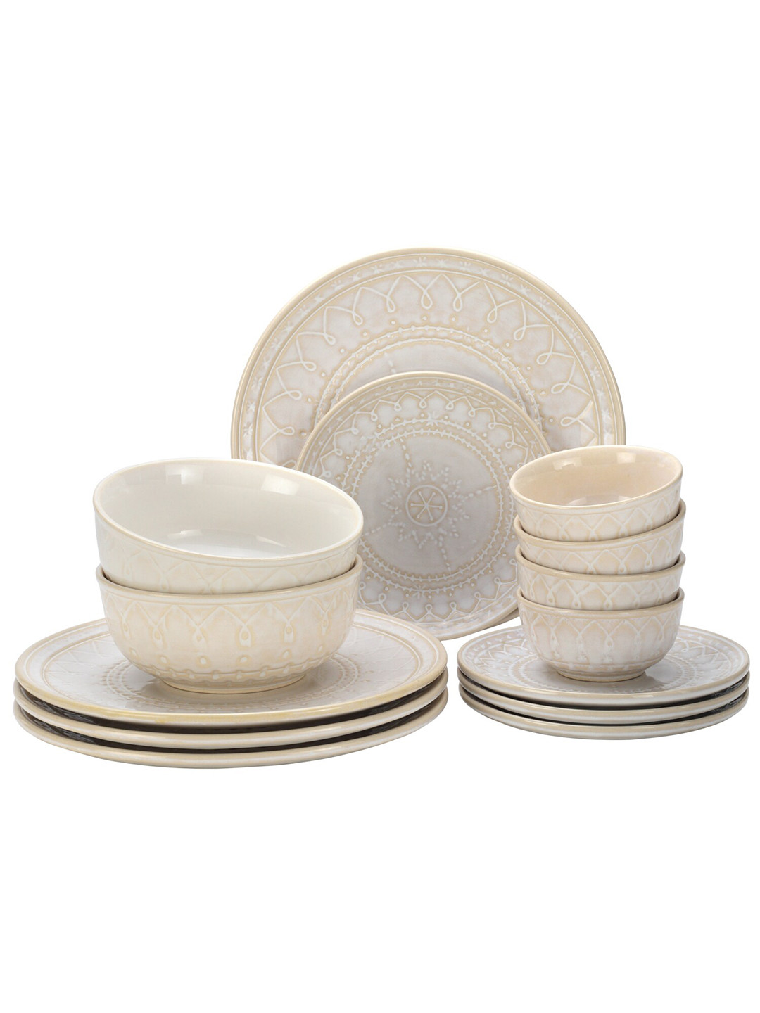 

BODHI HOUSE Cream 14 Pieces Handcrafted Printed Ceramic Glossy Dinner Set