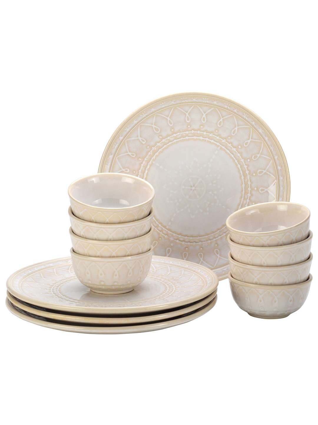 

BODHI HOUSE Off White 12 Pieces Textured Ceramic Glossy Dinner Set, Beige