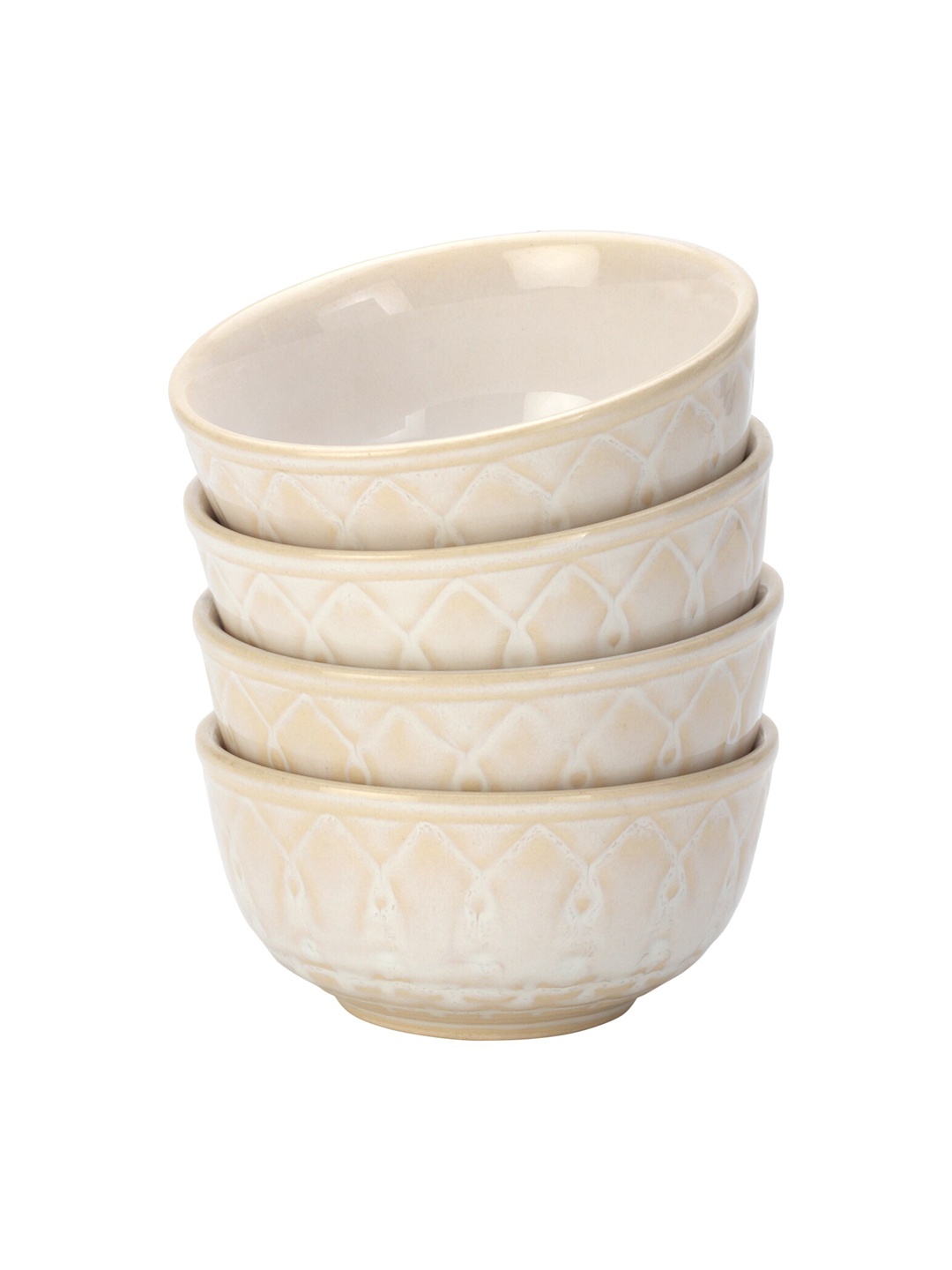 

BODHI HOUSE Cream 4 Pieces Handcrafted Printed Ceramic Glossy Small Dinner Bowls