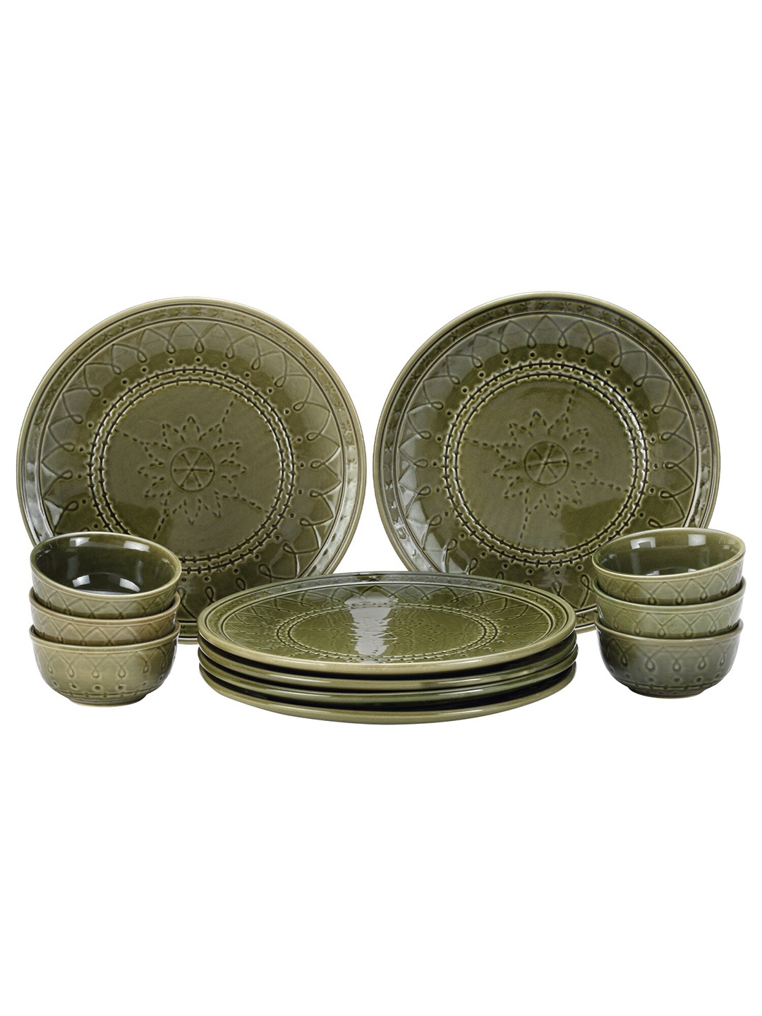 

BODHI HOUSE Green 12 Pieces Handcrafted Textured Ceramic Glossy Dinner Set