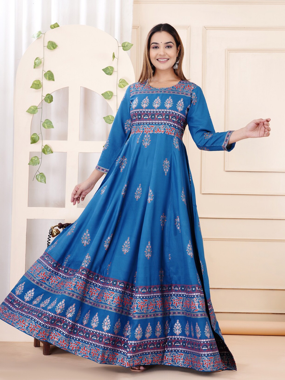 

KALINI Ethnic Motifs Printed Fit & Flare Ethnic Dress, Blue