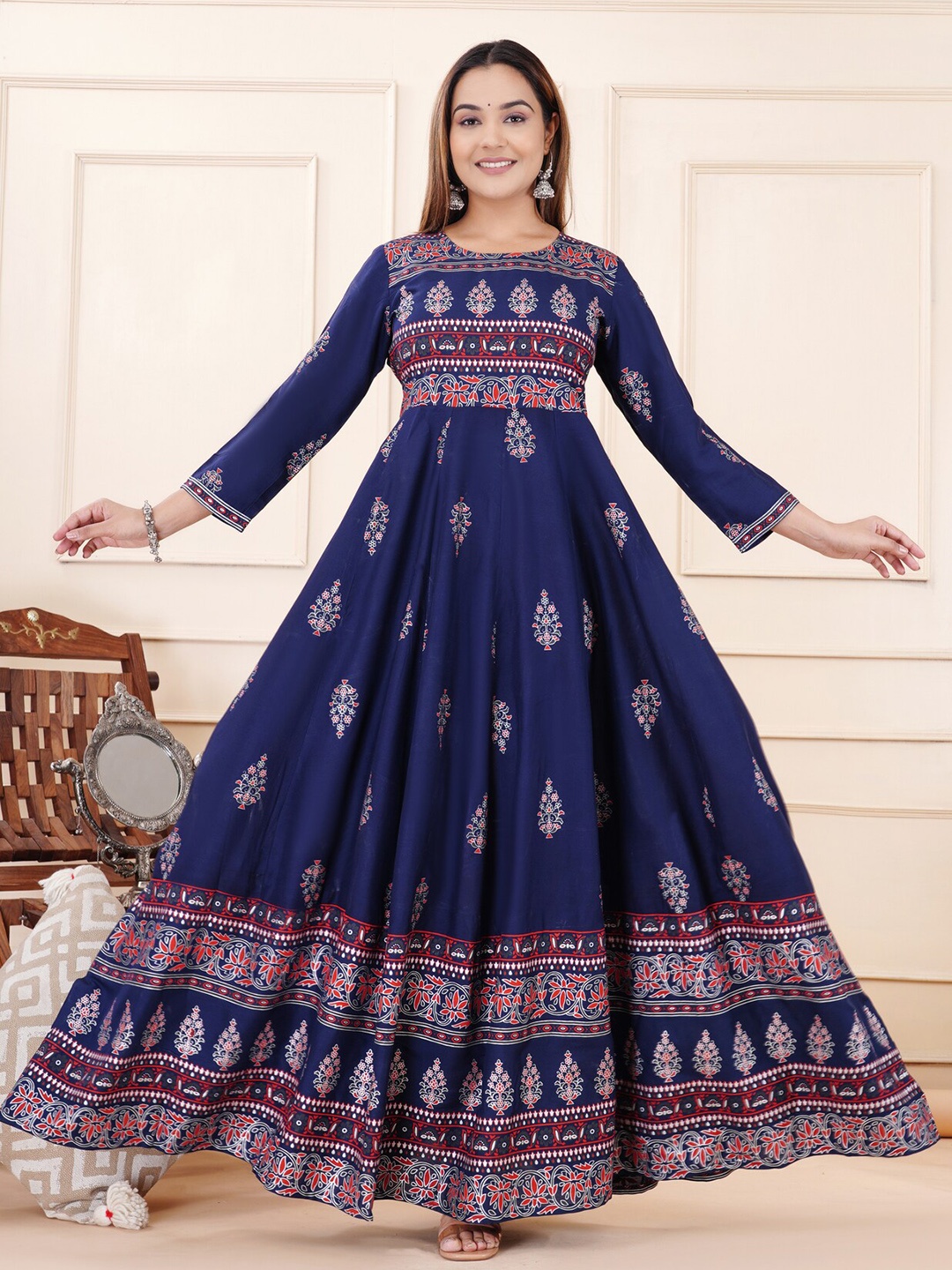 

KALINI Ethnic Motifs Printed Fit & Flare Ethnic Dress, Blue