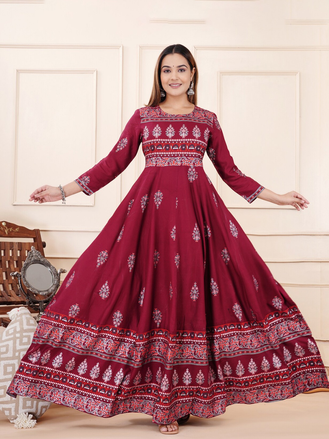 

KALINI Floral Printed Round Neck Gathered Liva Fit & Flare Maxi Ethnic Dress, Maroon