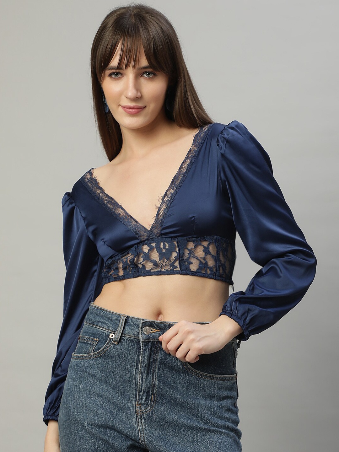 

DELAN Puff Sleeve V-Neck Laced Blouson Satin Crop Top, Navy blue