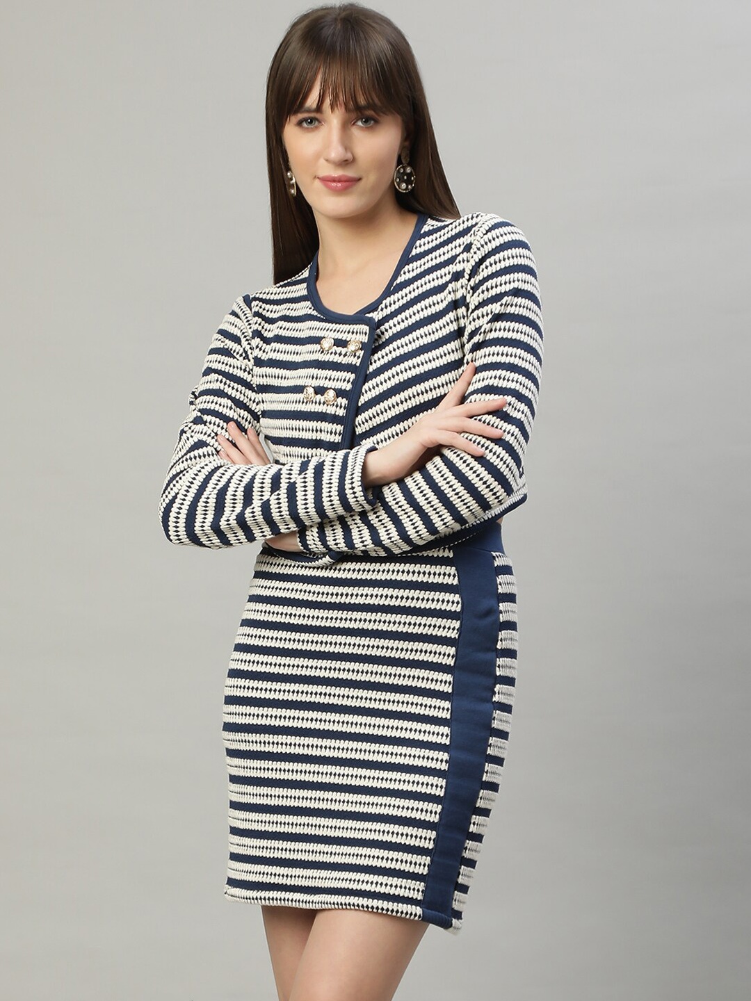 

DELAN Striped Long Sleeves Crop Top With Mini Skirt, Navy blue