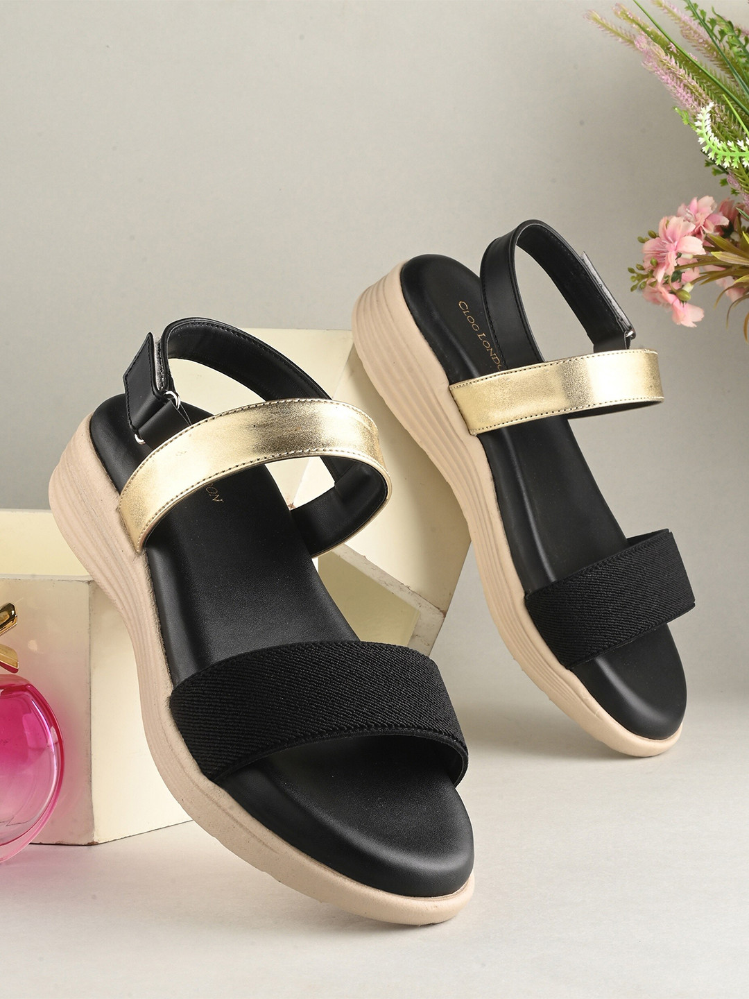 

CLOG LONDON Double Straps Open Toe Flats, Black