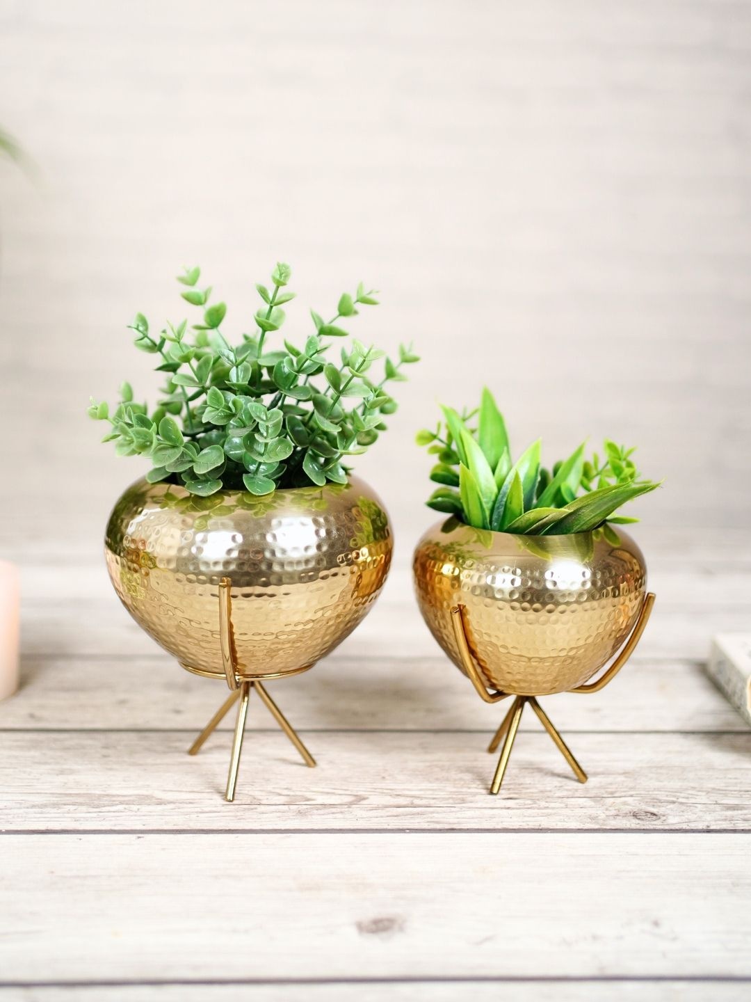 

BEHOMA Gold Toned 2 Pieces Hammered Bud Planter, Beige