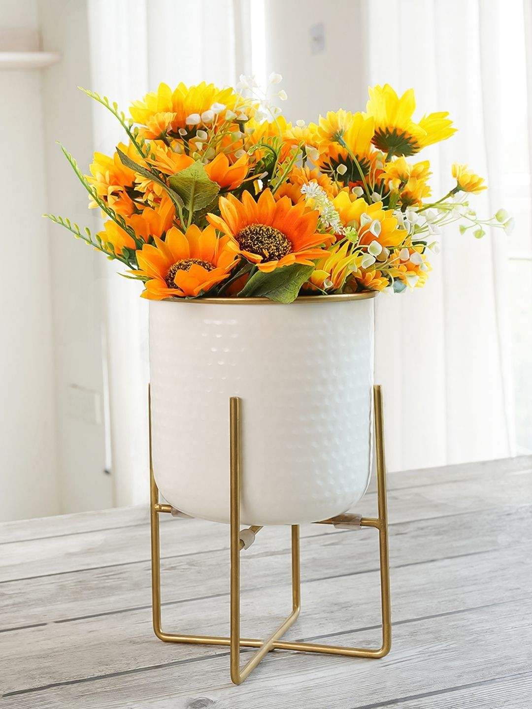 

BEHOMA White & Gold Toned Hammered Metal Planter & Stand Without Plant