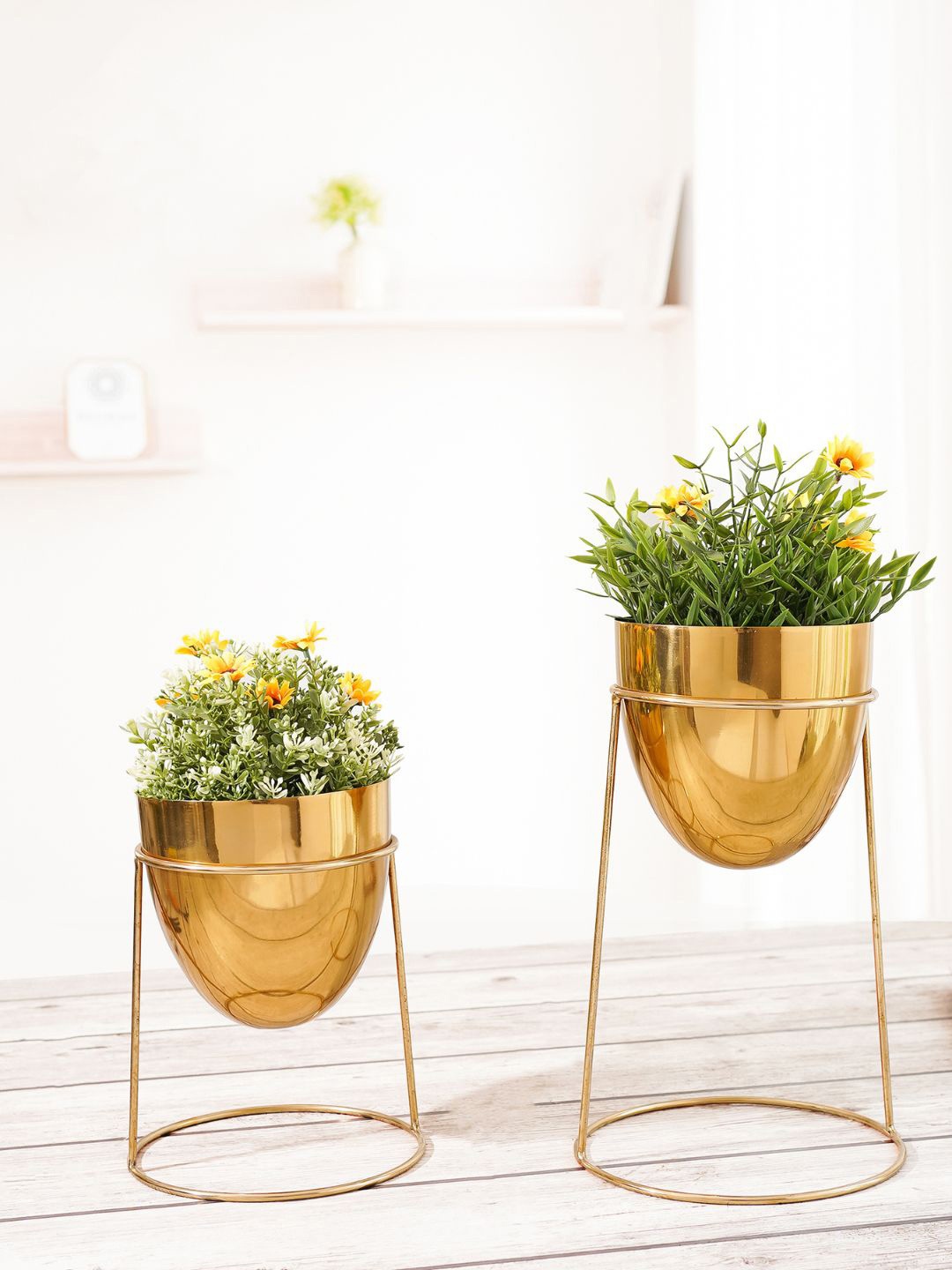 

BEHOMA Gold Toned Metel Round Shaped Planters & Stand Without Plant, Beige