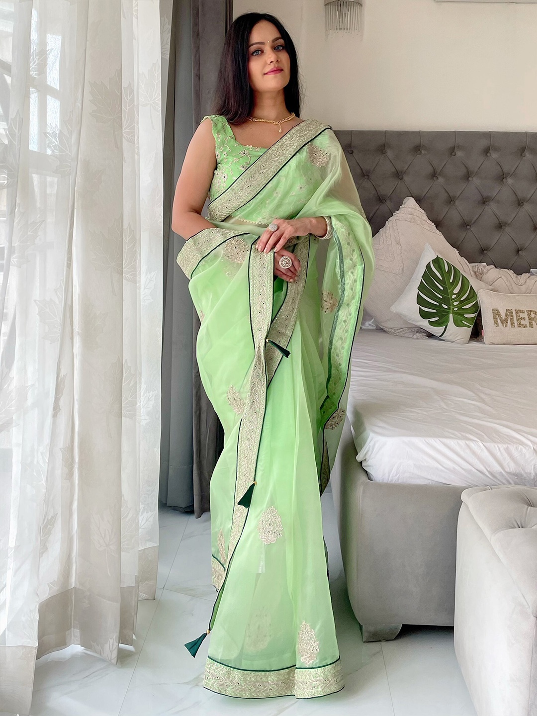 

Anouk Green & Gold-toned Floral Mirror Work Embroidered Organza Saree