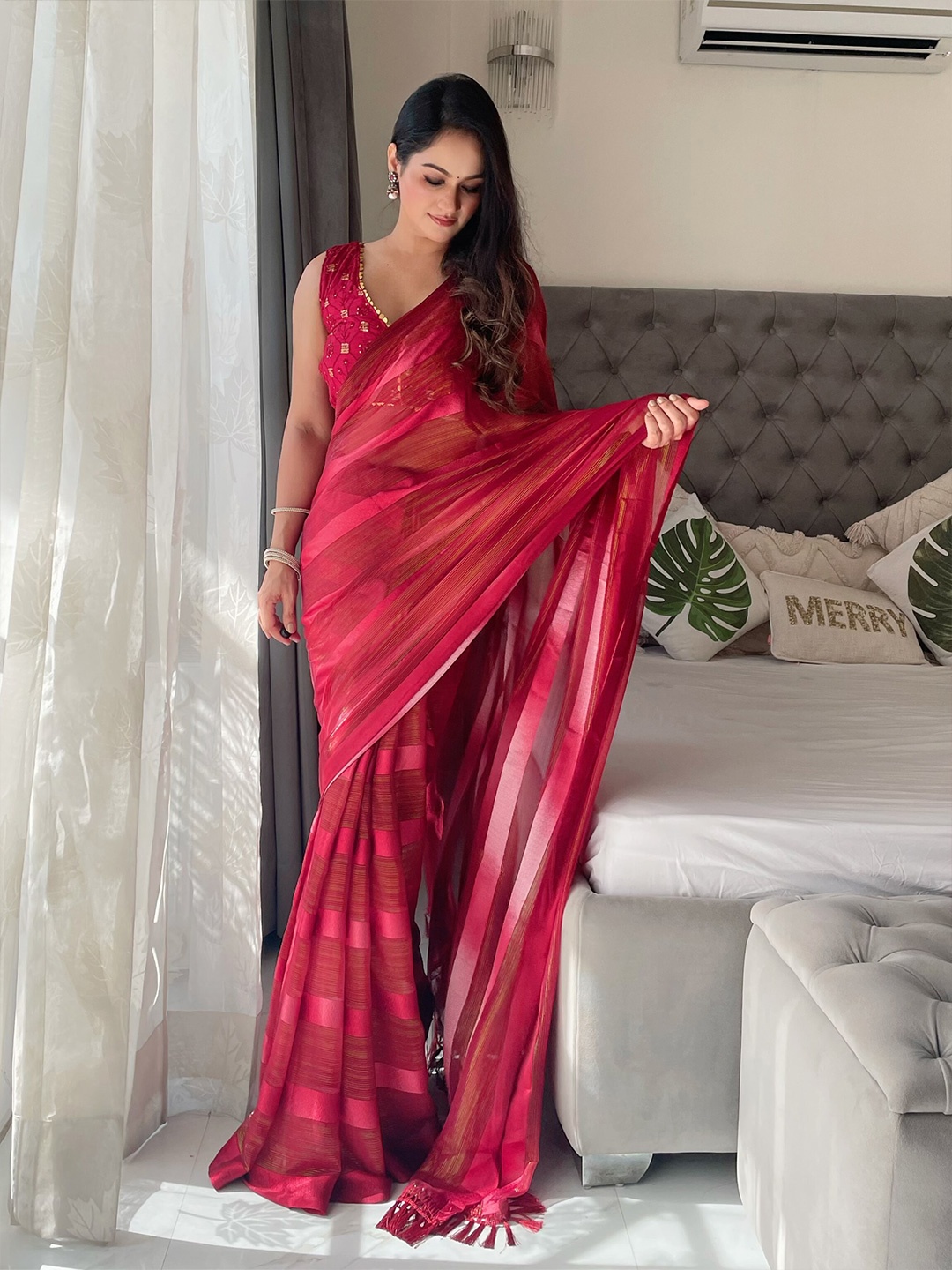 

Anouk Maroon Striped Woven Design Saree