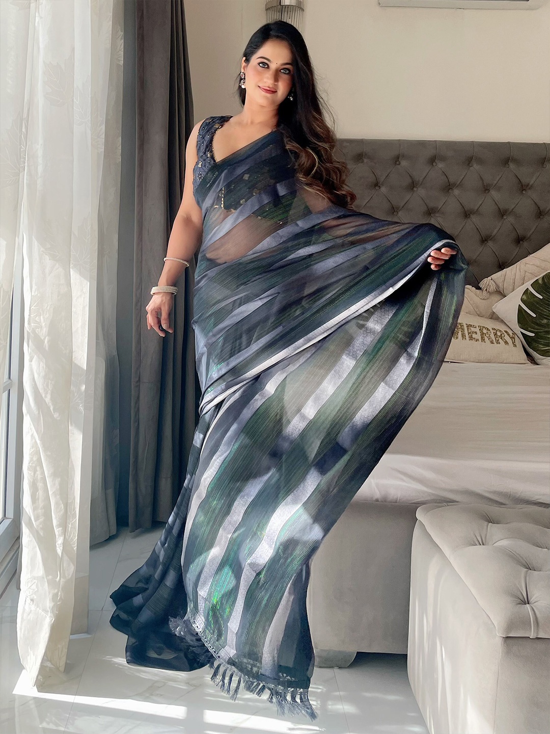 

Anouk Grey Striped Woven Design Saree