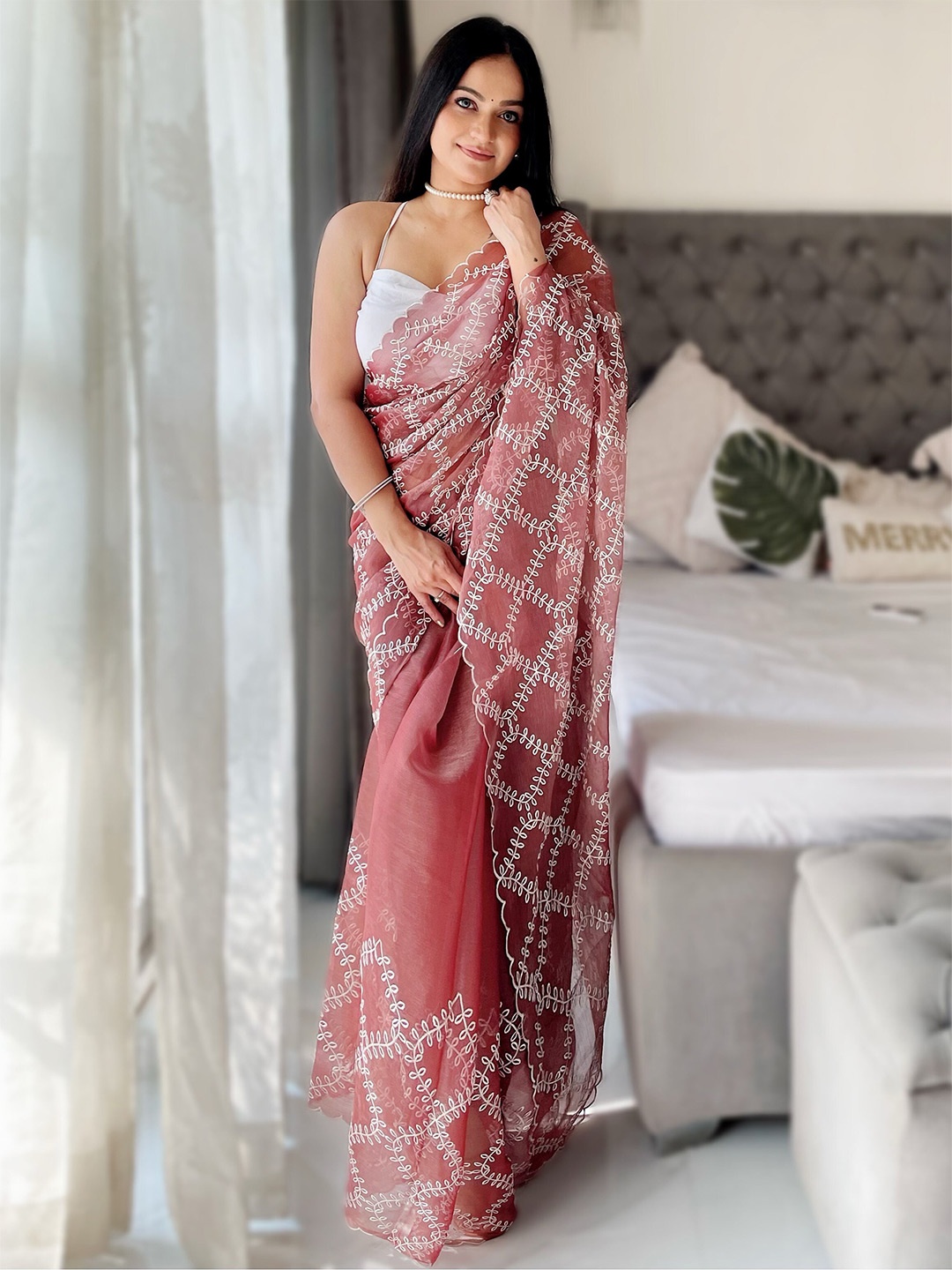 

Anouk Floral Embroidered Zari Saree, Rust