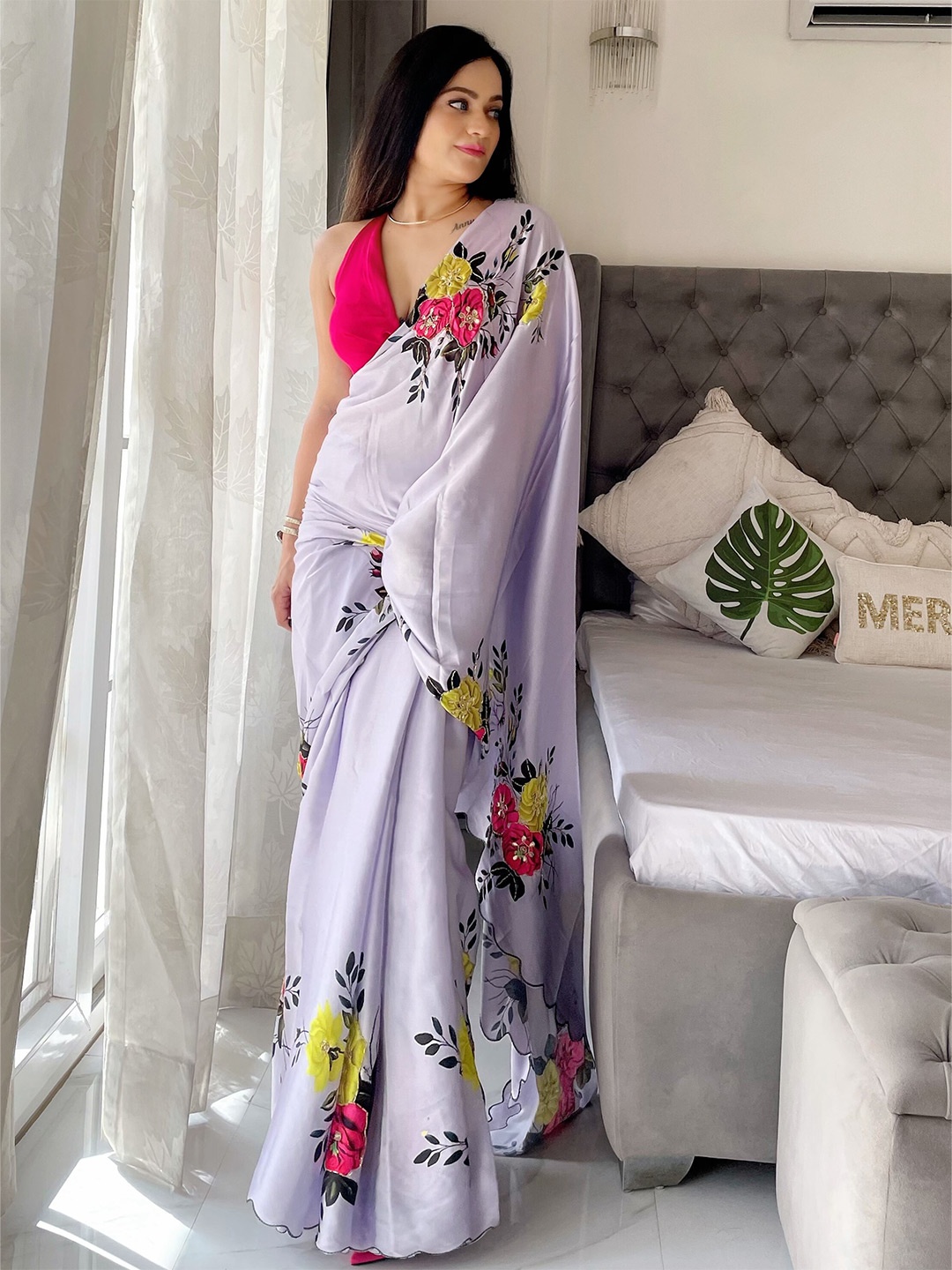

Anouk Floral Printed Satin Saree, Grey