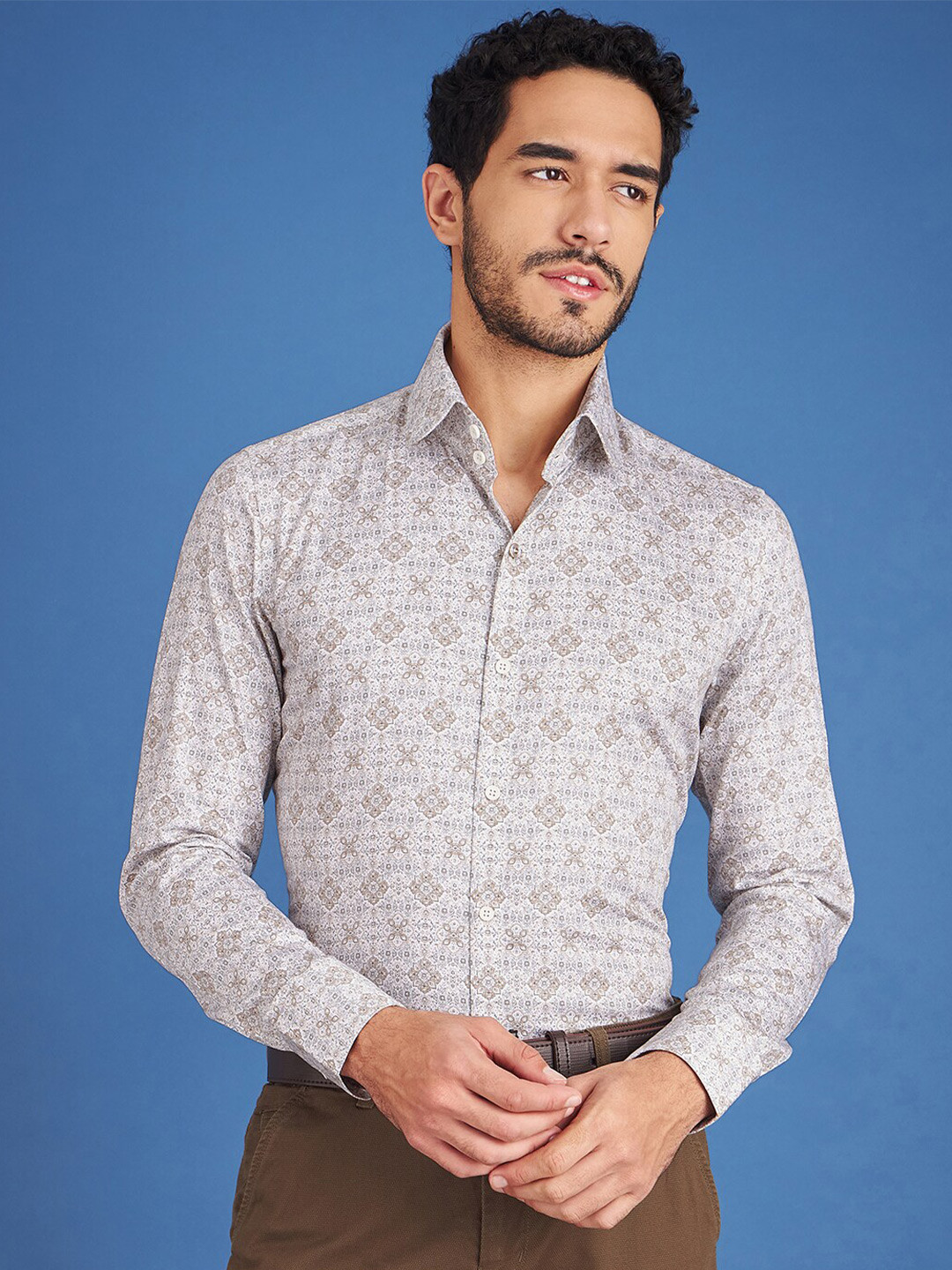 

LOUIS STITCH Comfort Ethnic Motifs Printed Cotton Formal Shirt, White