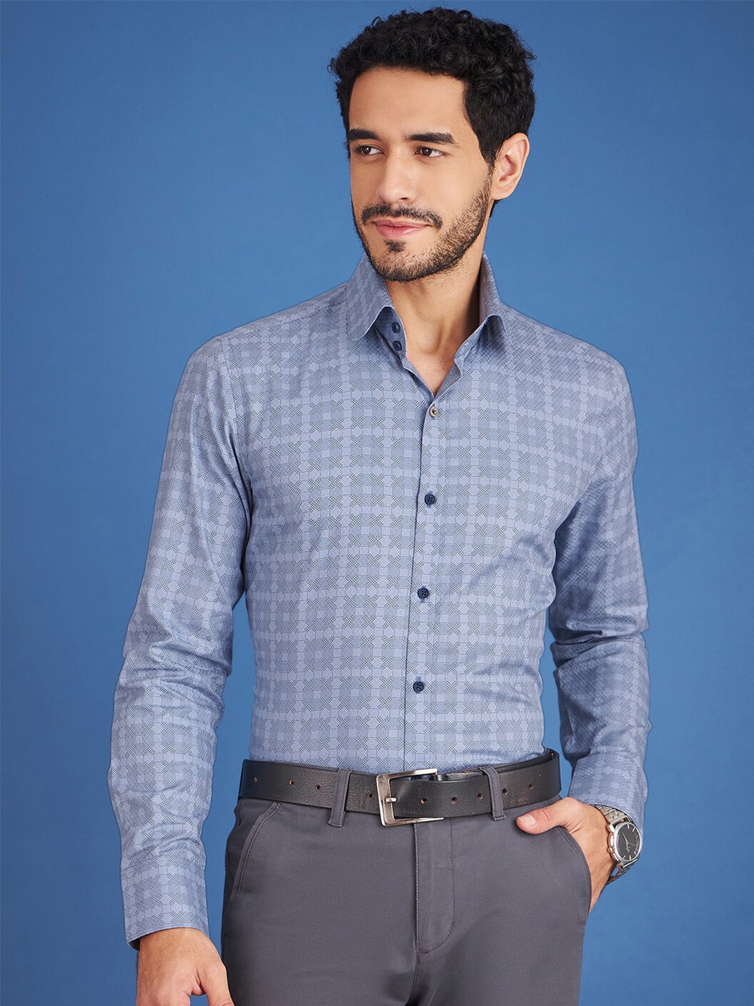 

LOUIS STITCH Comfort Geometric Printed Cotton Formal Shirt, Blue